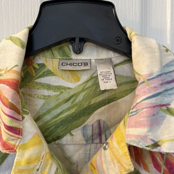 Chicos Floral Jacket Women’s Size 1 (8 - 10) Linen Blend Tropical Button Front - Picture 2 of 7
